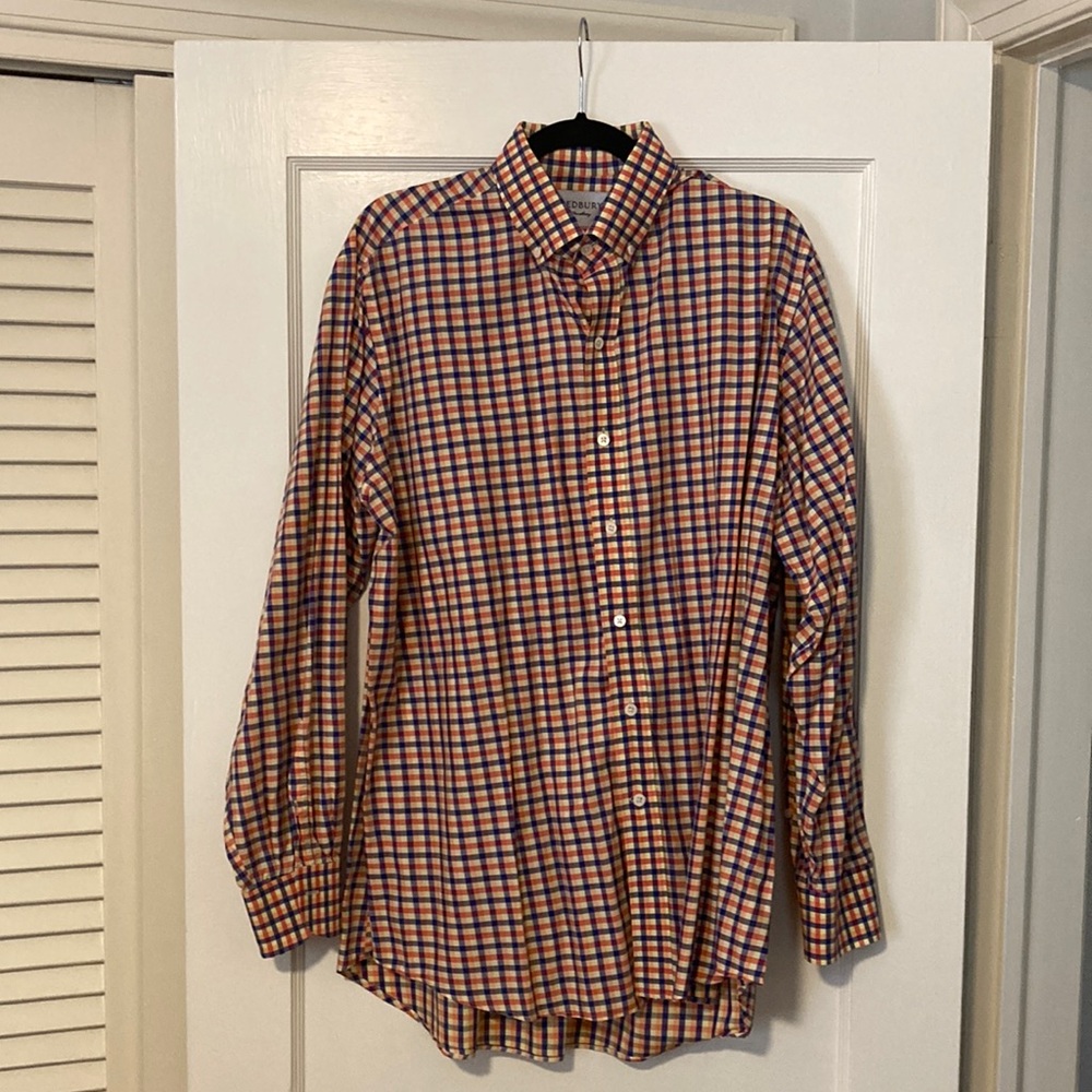 Ledbury Button Down Plaid Dress Shirt Blue, Orange and Cream Size 17 classic fit